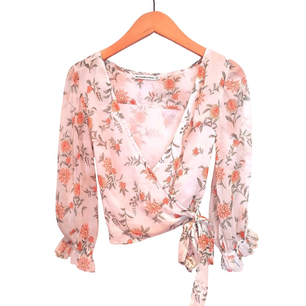 Abercrombie & Fitch Y2K Peach Floral Wrap Fairy Top Long Sleeve Ruffle Cuff XS